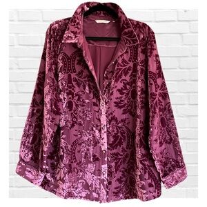 Soft Surroundings 1X Velvet Burnout Blouse Burgundy Paisley Button Down Plus Sz